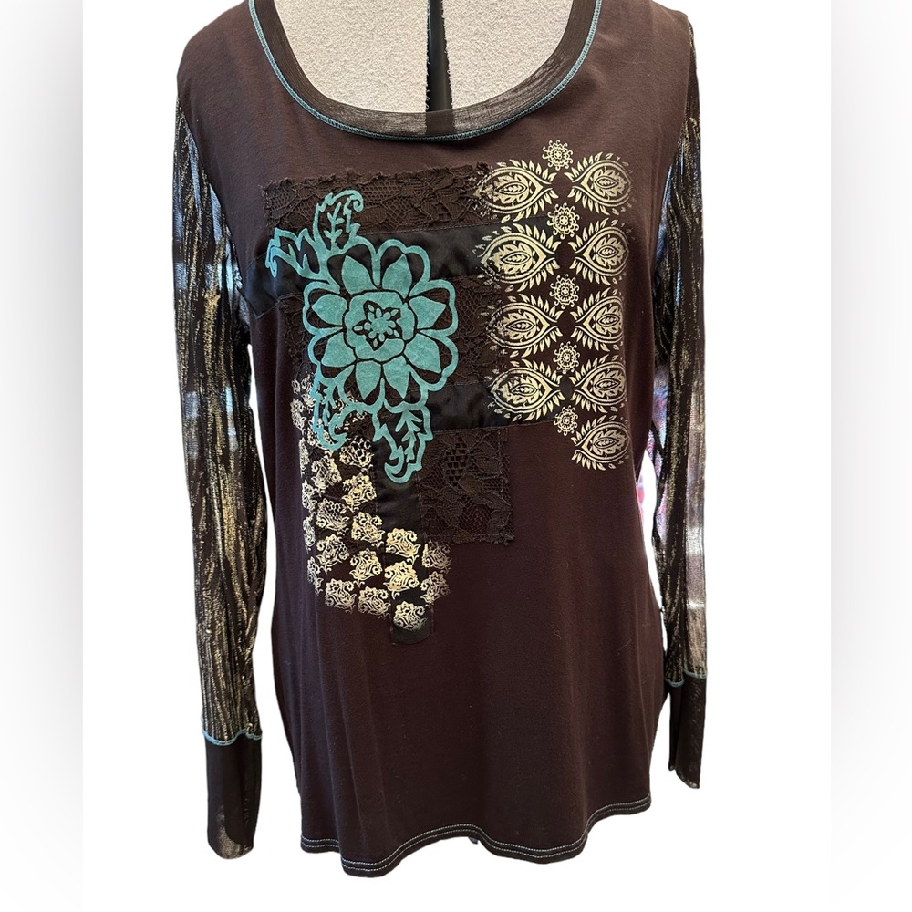 Christopher & Banks XL blouse, boho, sheer long sleeves, brown